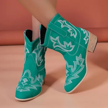 Новые женские ботильоны, модные вышитые ботинки с острым носком в стиле ретро, ковбойские ботинки в западном стиле на квадратном каблуке, повседневные ботинки Челси